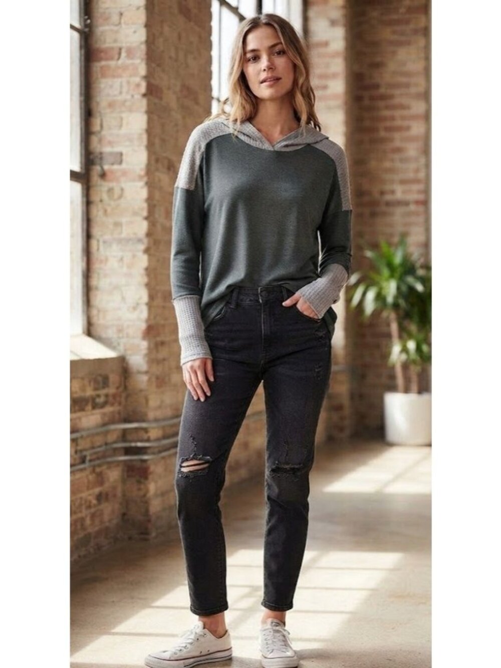 Lazy Sundays Womens Hooded Long Sleeve Top Small Gray & Dark Green Polyester Ble